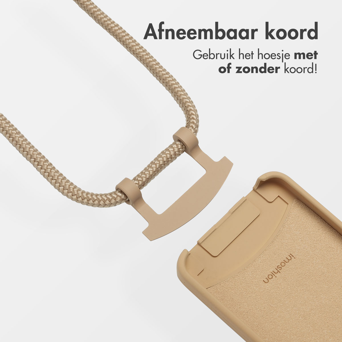 Beige telefoonhoesje met afneembaar koord. Koord is verbonden met de hoes. Nederlandse tekst: 'Afneembaar koord'.