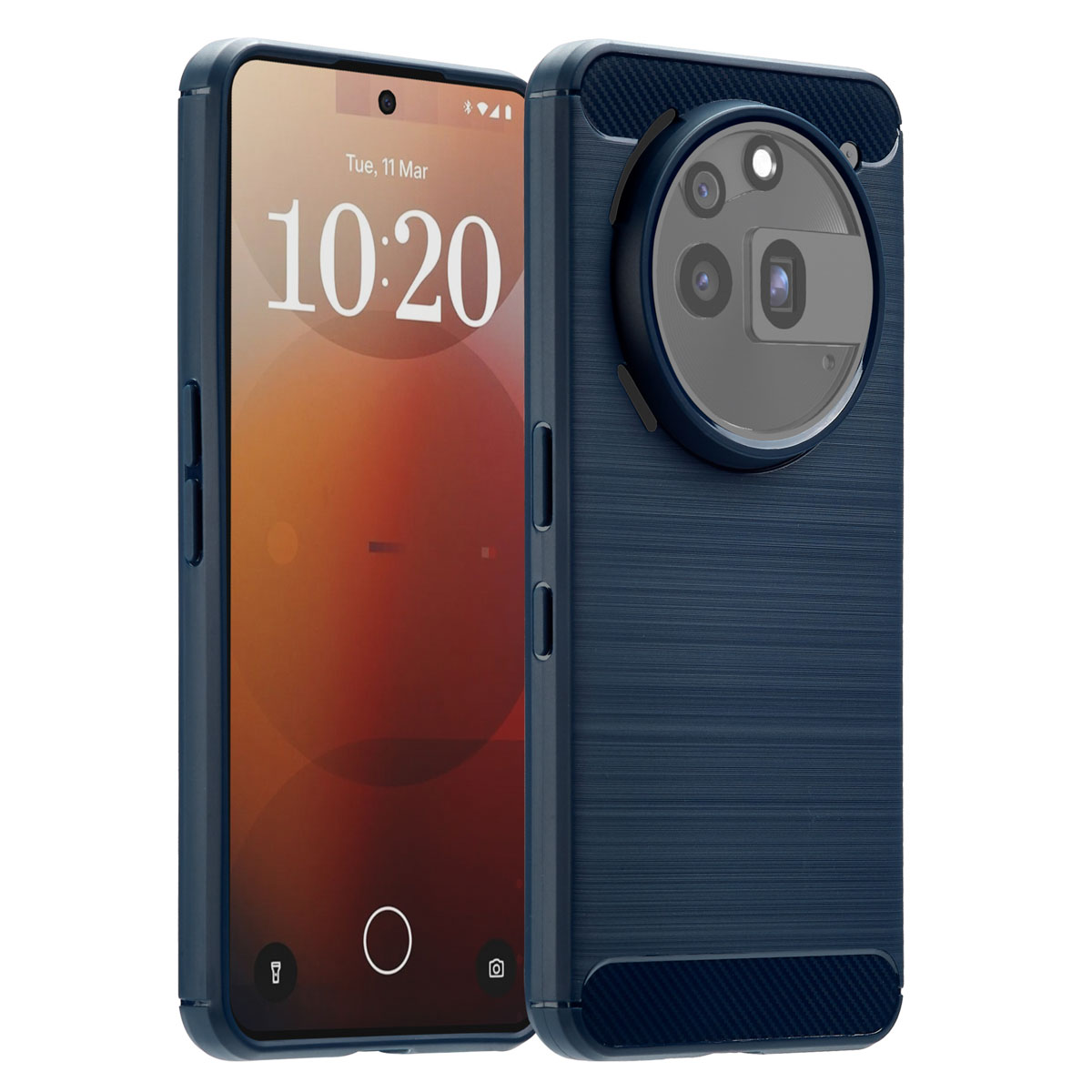 Un smartphone bleu marine avec un grand module caméra. L'écran affiche l'heure, 10:20. Le téléphone est sur fond blanc.