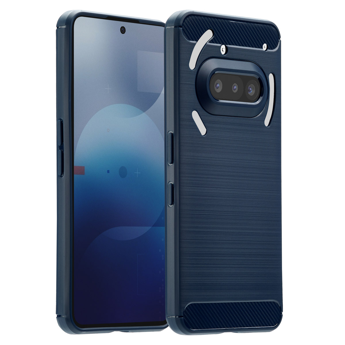 Een blauwe telefoon met een beschermhoesje. De telefoon staat links, de hoes rechts. De hoes heeft een uitsparing voor de camera.