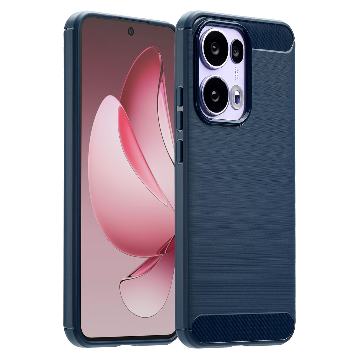 Een blauwe telefoonhoes en een telefoon. De telefoon toont een roze abstract ontwerp. De hoes heeft uitsparingen voor de camera en een getextureerde afwerking.