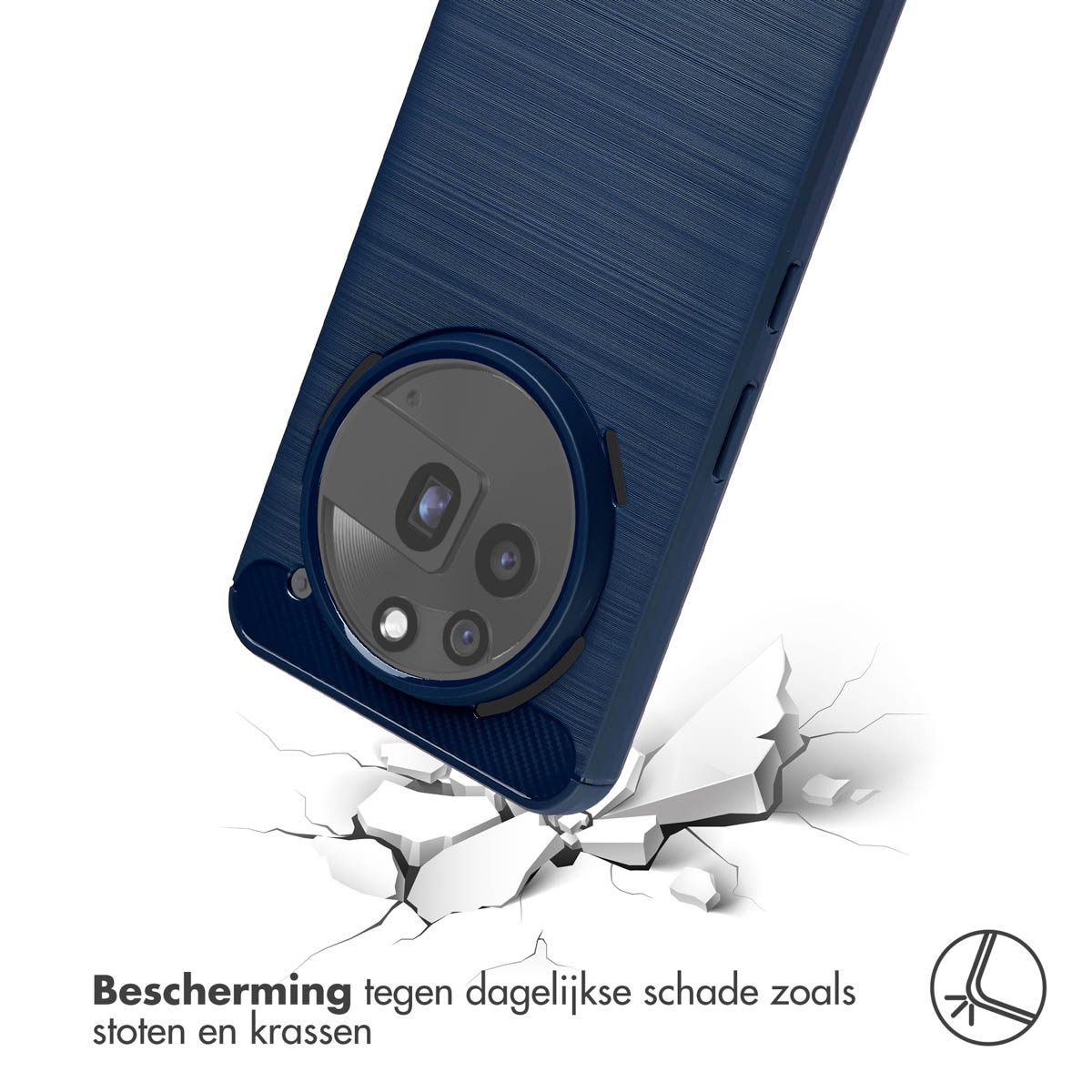 Une coque de téléphone bleue tombe et brise le sol, démontrant une protection contre les dommages. Le texte dit 'Protection contre les dommages quotidiens'.