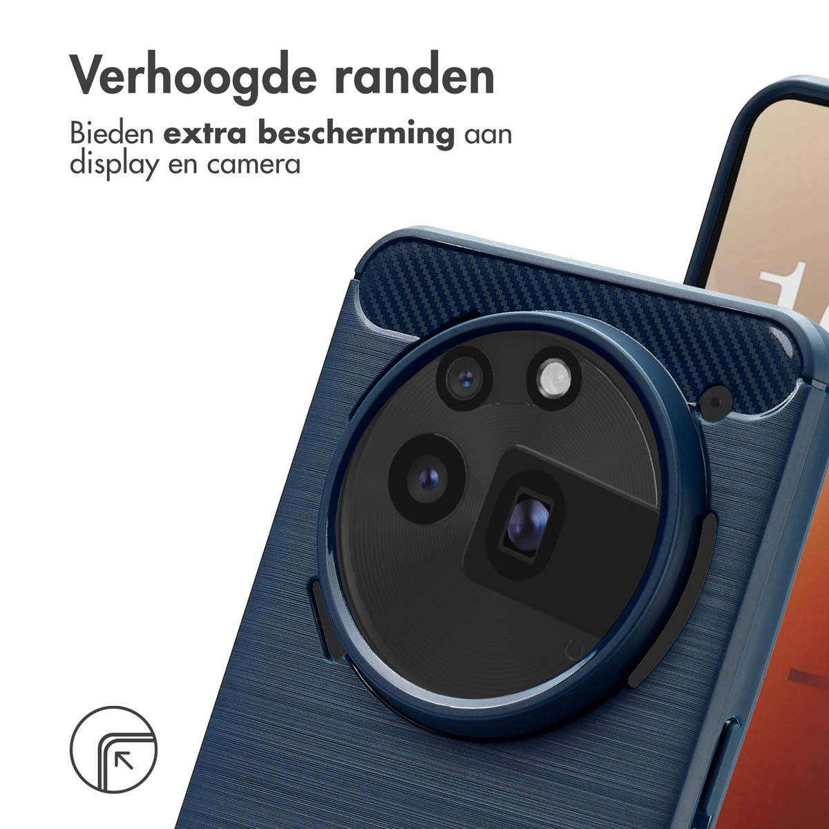 Coque de téléphone bleue avec protection d'objectif. Texte : 'Verhoogde randen' et 'Bieden extra bescherming'.