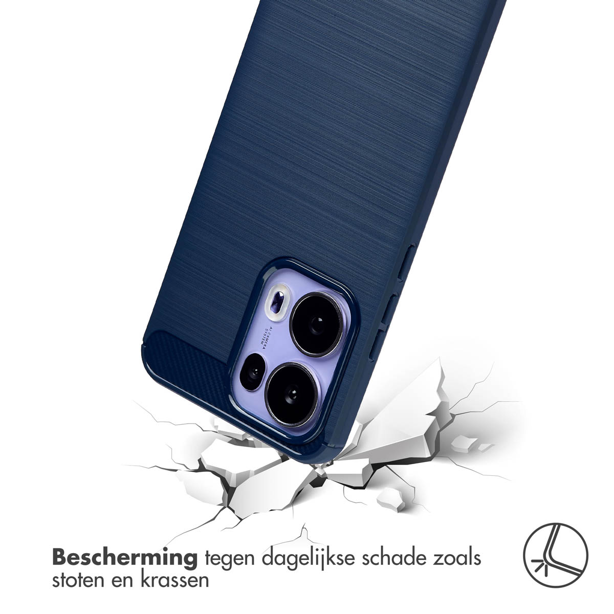 Een marineblauwe telefoonhoes breekt een wit oppervlak. De telefoonhoes heeft een camera en de woorden 'Bescherming' staan onderaan.