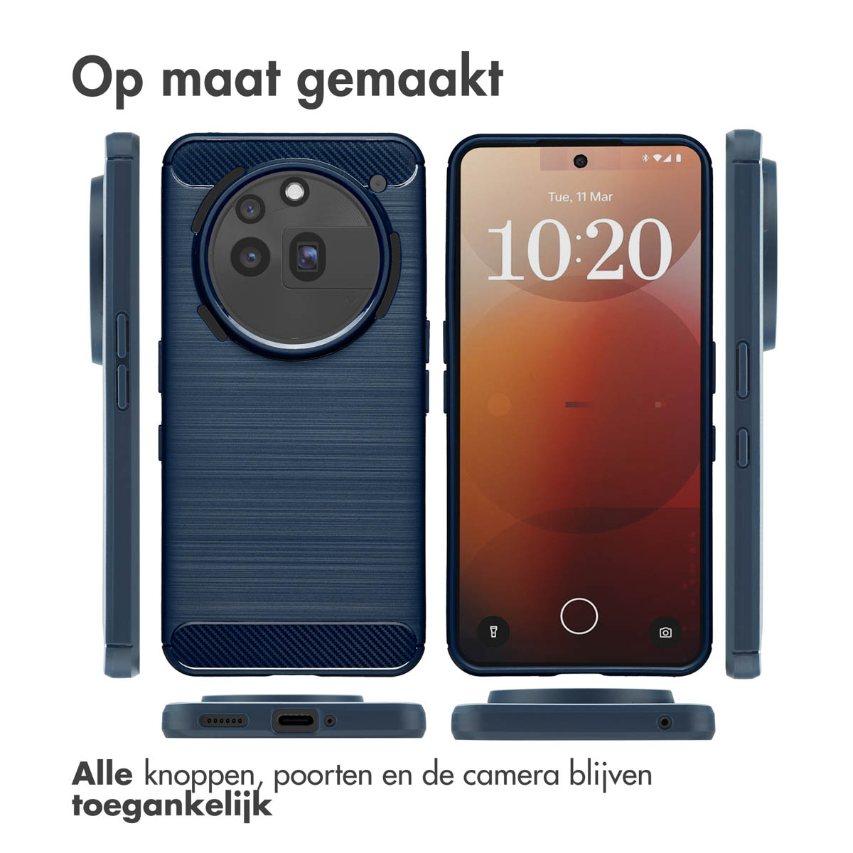 Un étui de téléphone bleu marine est affiché, ainsi que le téléphone affichant l'heure. Le texte indique que tous les boutons, ports et l'appareil photo restent accessibles.
