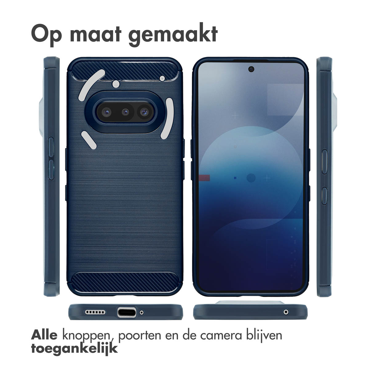 Marineblauwe telefoonhoes en telefoon. Tekst: 'Op maat gemaakt' en 'Alle knoppen, poorten en de camera blijven toegankelijk'.