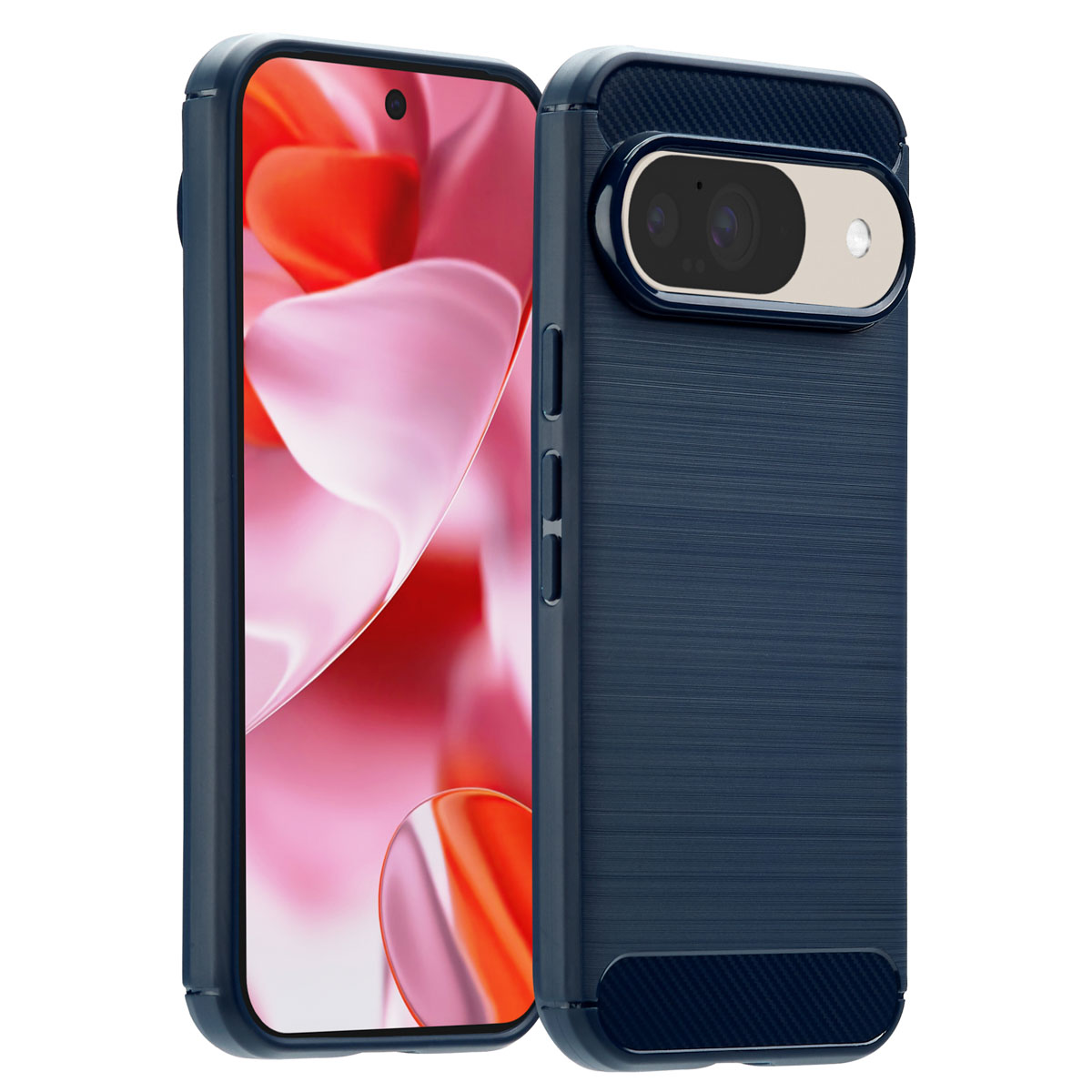 Una custodia blu per telefono con una texture in metallo spazzolato, che mostra un telefono con uno sfondo astratto rosso e rosa.