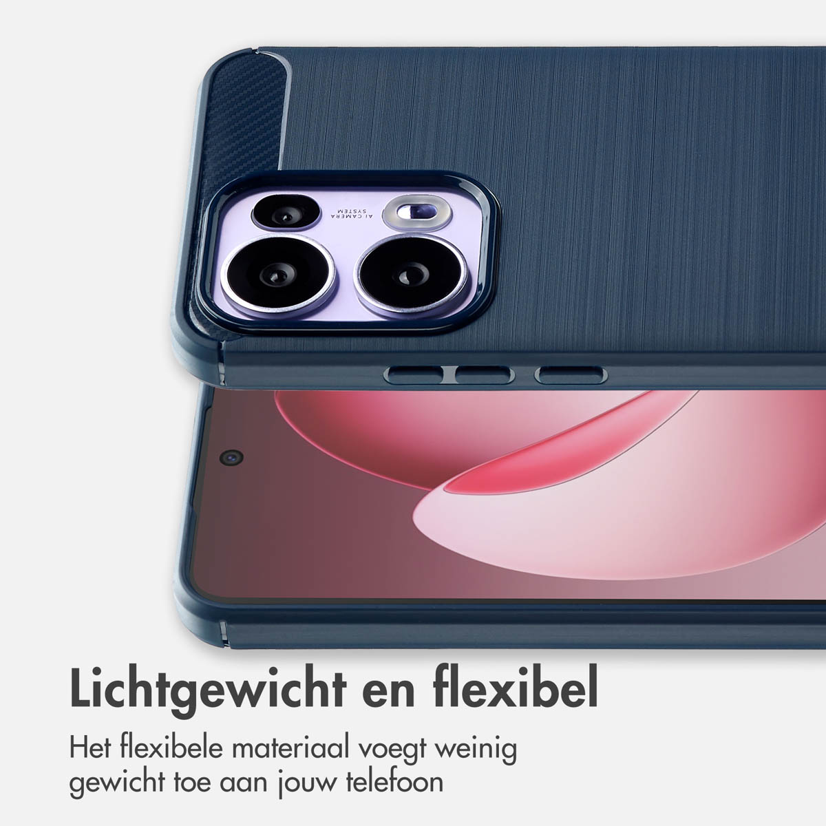 Een blauwe telefoonhoes met cameralenzen wordt getoond. De tekst zegt 'Lichtgewicht en flexibel'. Het materiaal voegt weinig gewicht toe aan je telefoon.
