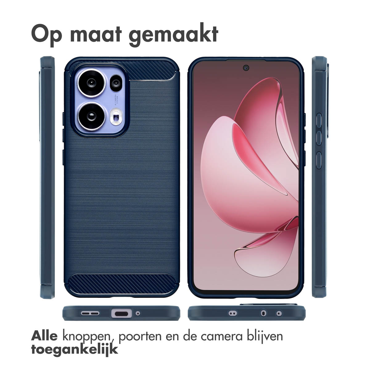 Een marineblauwe telefoonhoes met een telefoon erin en zichtbare knoppen. Tekst zegt 'Op maat gemaakt' en 'Alle knoppen, poorten en de camera blijven toegankelijk'.