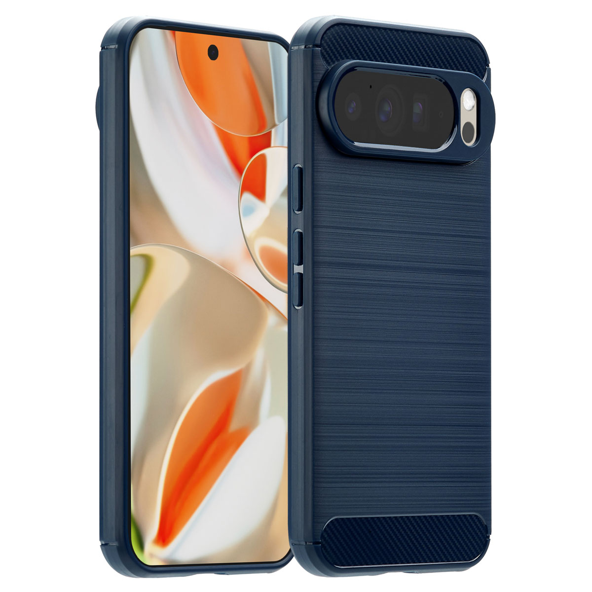 Un étui de téléphone bleu, avec un dos texturé et un protecteur d'objectif de caméra, est à côté d'un téléphone affichant une image abstraite.