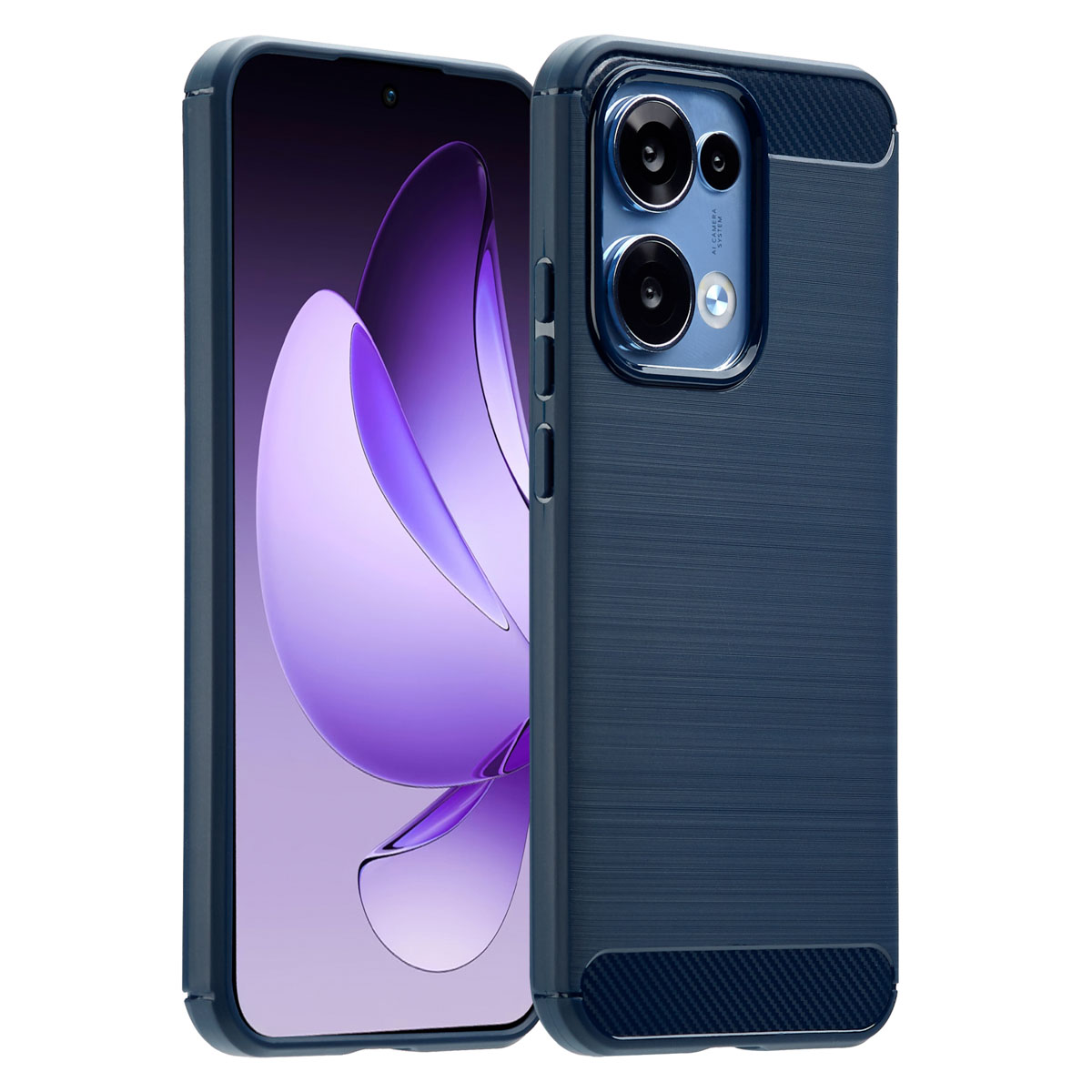 Due telefoni cellulari in custodie blu navy. Uno mostra un'immagine viola, l'altro ha lenti della fotocamera.