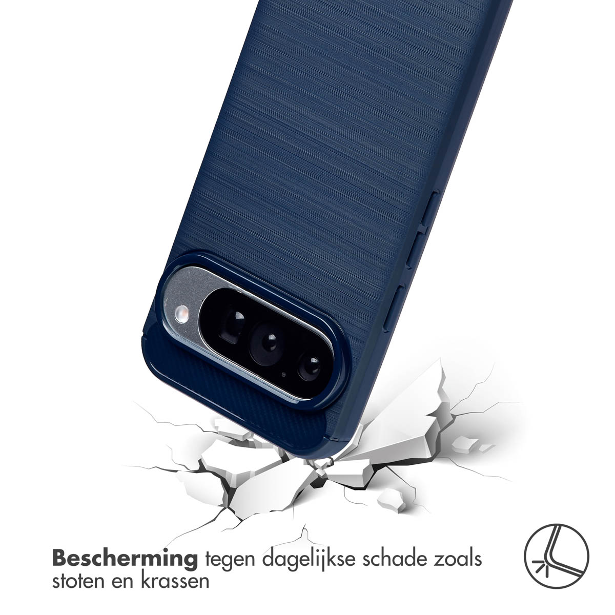Un étui de téléphone bleu foncé sur fond blanc. L'étui est incliné, avec la caméra visible. Des fissures blanches en émanent, illustrant la protection.