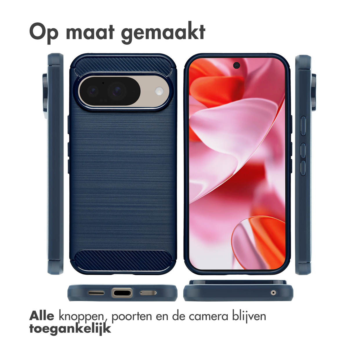 Custodia blu scuro con telefono. Mostrata da più angolazioni. Testo: 'Op maat gemaakt' e 'Alle knoppen, poorten en de camera blijven toegankelijk'.