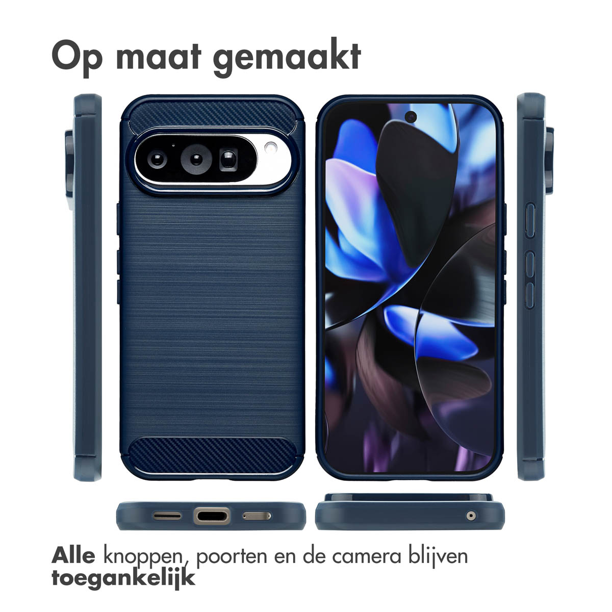 Une coque de téléphone bleue avec un téléphone à l'intérieur. Le texte en haut dit 'Op maat gemaakt'. Le texte en bas dit 'Alle knoppen...'.
