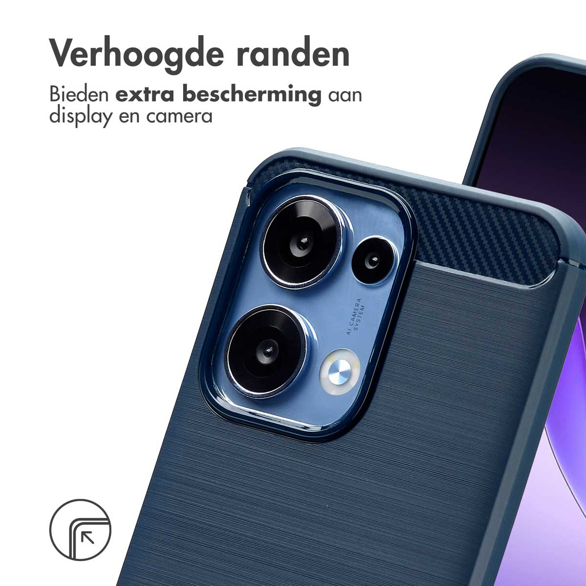 Custodia per telefono blu scuro con bordi rialzati, protegge fotocamera e display. Testo olandese presente.