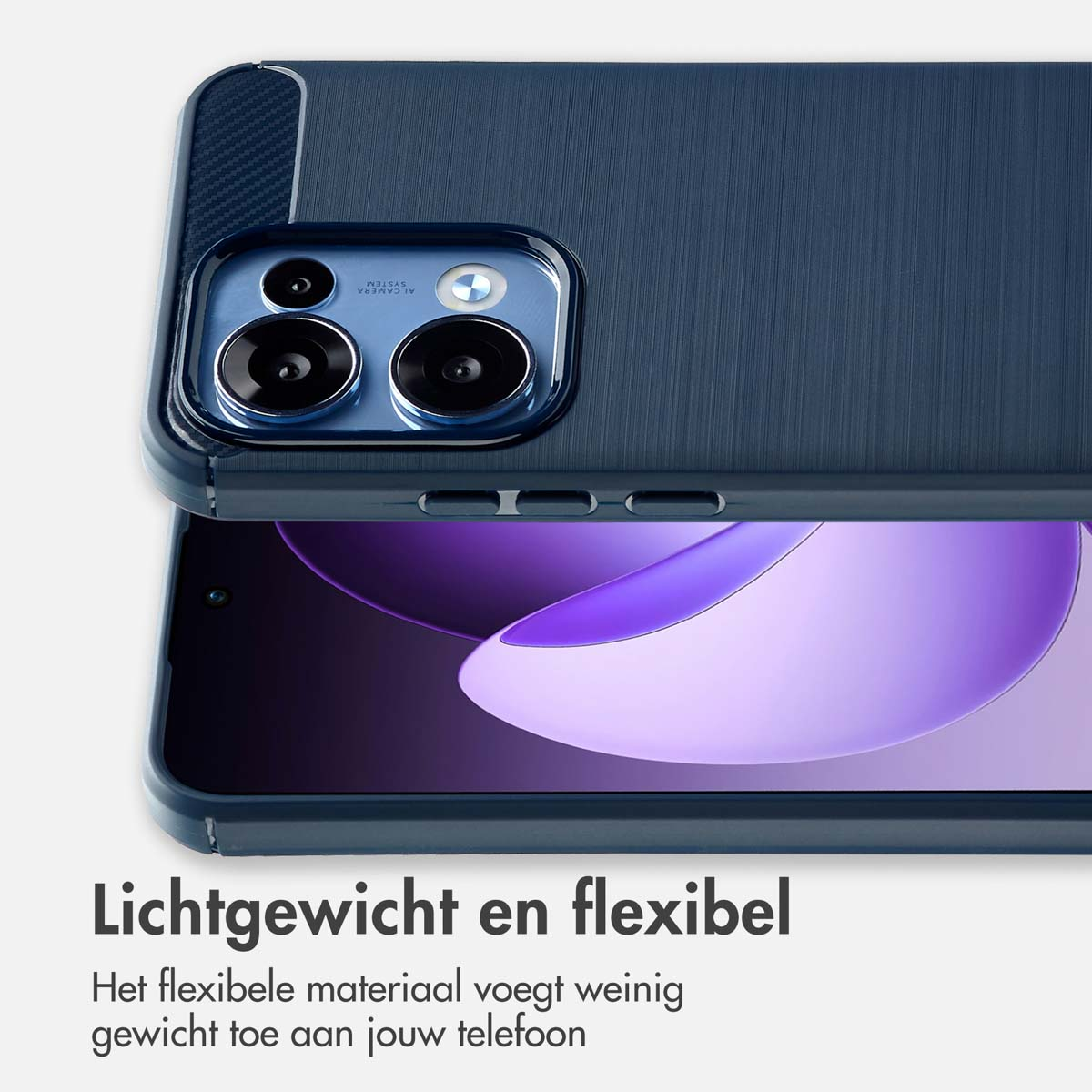 Primo piano di una custodia per telefono con modulo fotocamera. La custodia è blu scuro. Il testo sottostante recita "Leggero e flessibile."