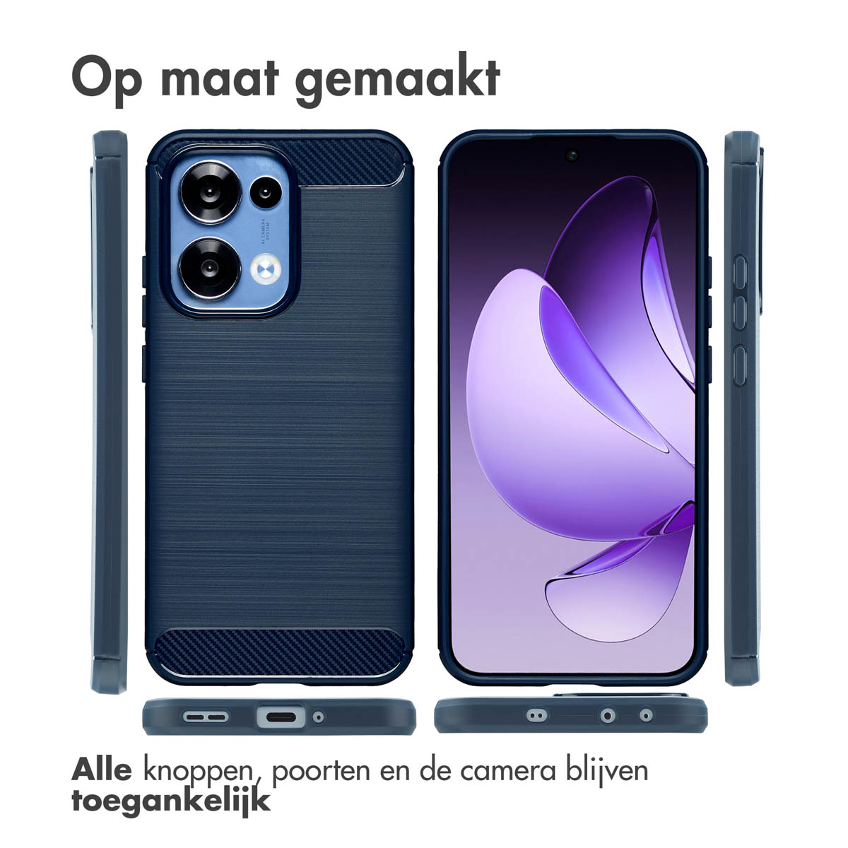 Una custodia per telefono con un telefono all'interno. La custodia è blu scuro. Lo schermo mostra un design viola. Pulsanti e porte accessibili.
