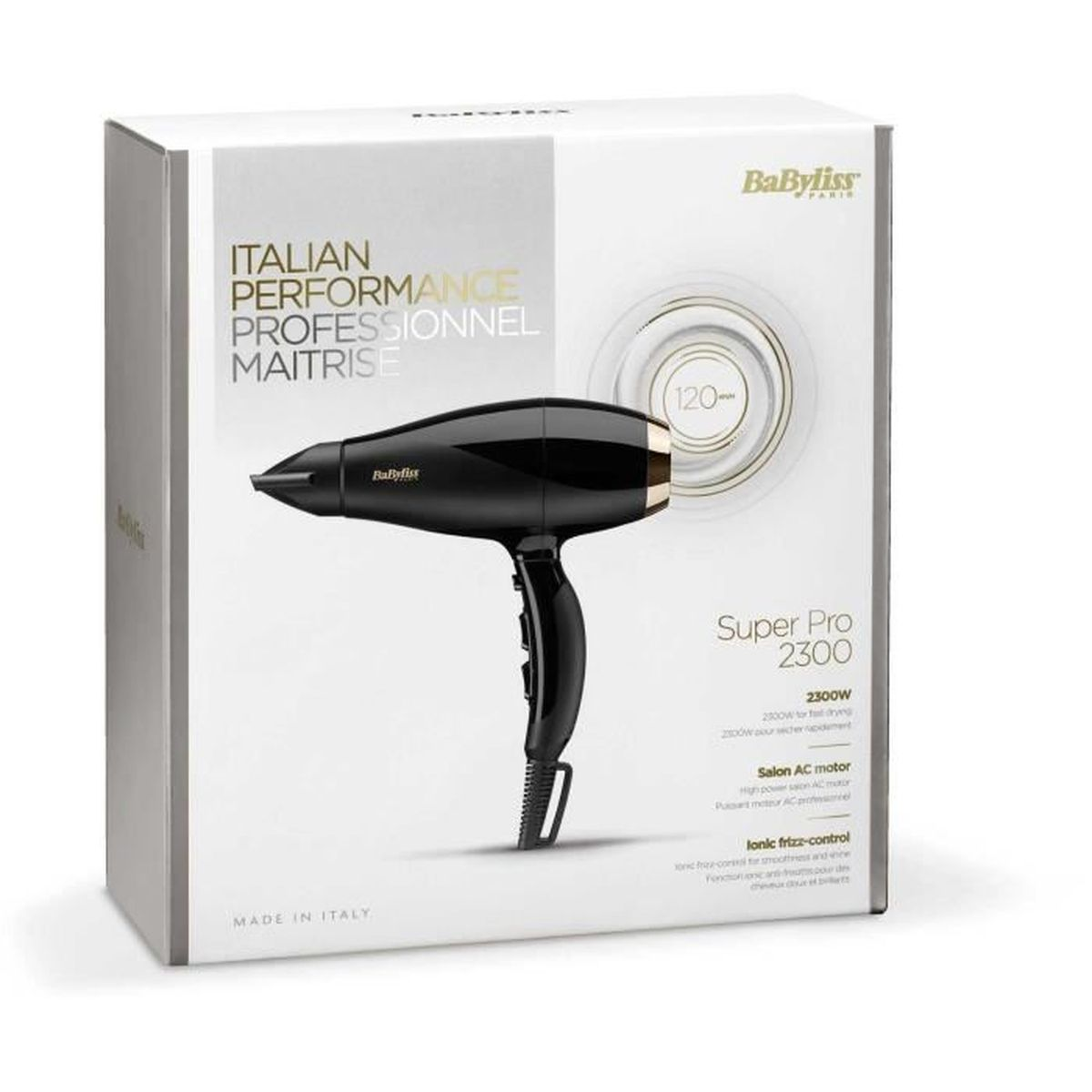 Un secador de pelo Babyliss negro sobre una caja blanca. El texto incluye 'Italian Performance' y 'Super Pro 2300'.