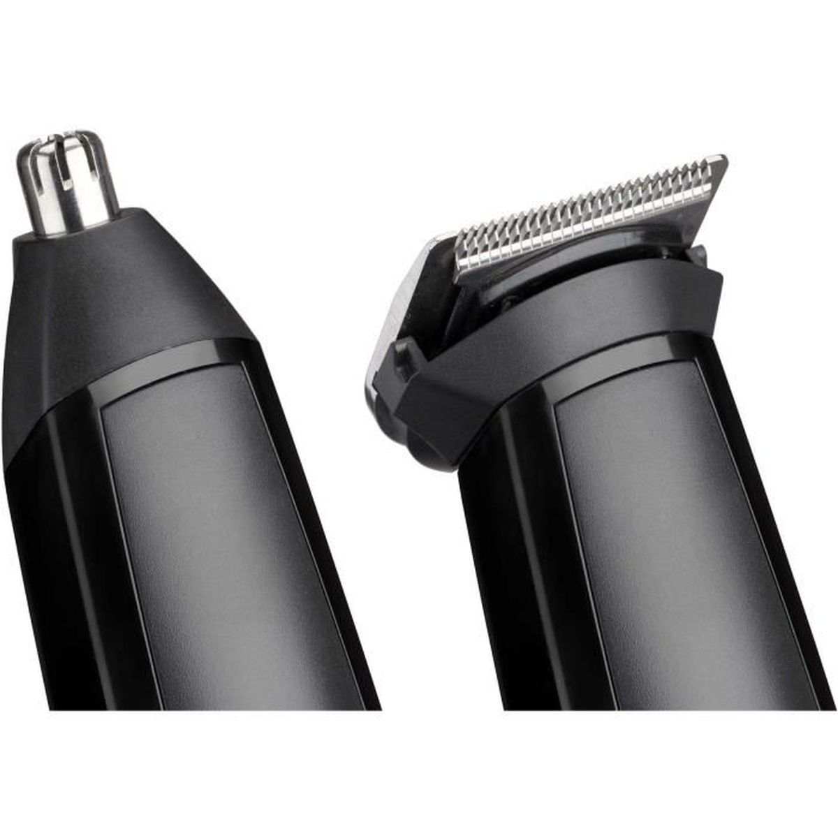 Dos recortadores eléctricos negros y plateados. Uno tiene un recortador de vello nasal y el otro una cuchilla.