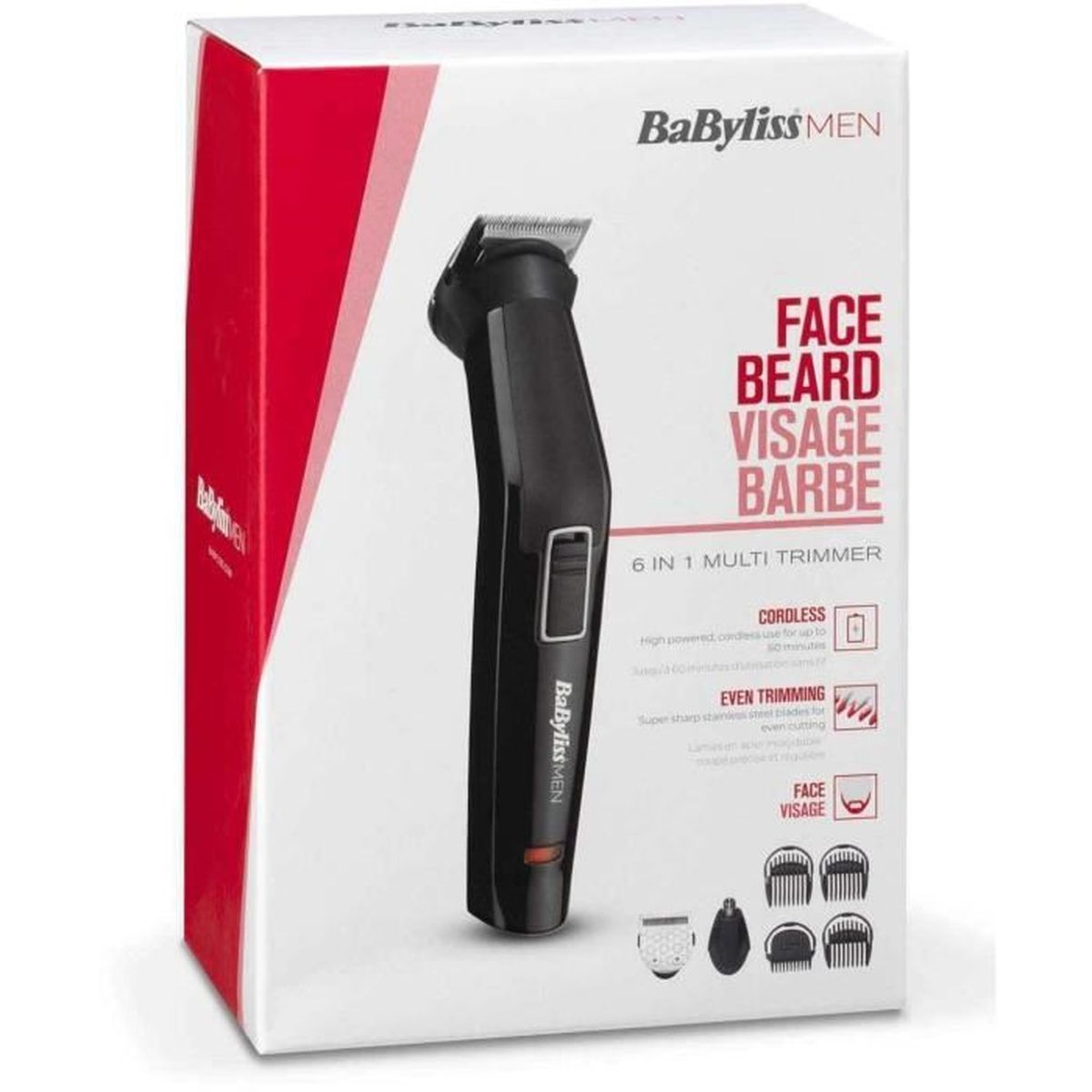 Una caja de recortadora múltiple Babyliss Men 6 en 1. Presenta una recortadora negra y detalles sobre uso inalámbrico y recorte uniforme.