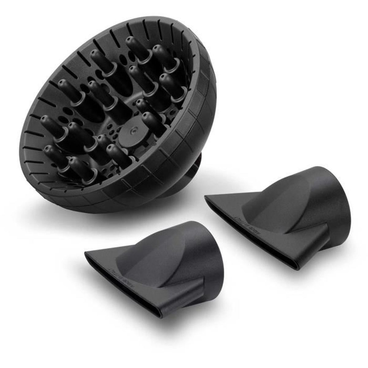 Czarne nasadki do suszarki do włosów na białej powierzchni. Zawiera dyfuzor i dwie nasadki.