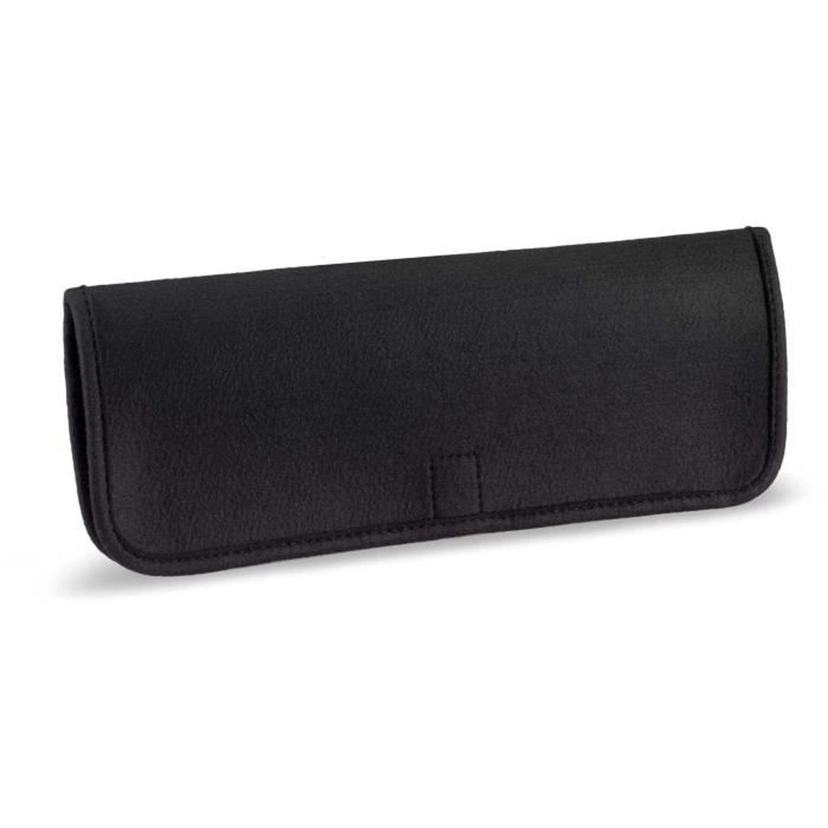 Zamknięte, czarne etui na okulary spoczywa na białej powierzchni. Etui jest prostokątne z zaokrąglonymi krawędziami.