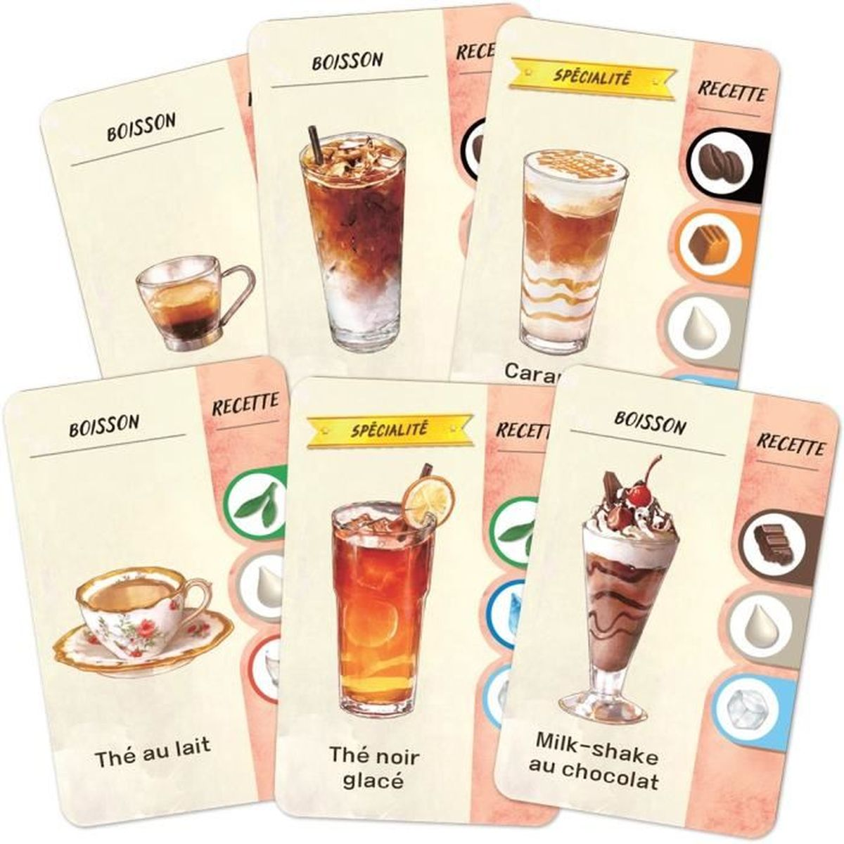 Karten mit Getränkeillustrationen. Enthält Kaffee, Eistee mit Zitrone, Schokoladenmilchshake, Latte, Tee mit Milch und Karamellgetränk.