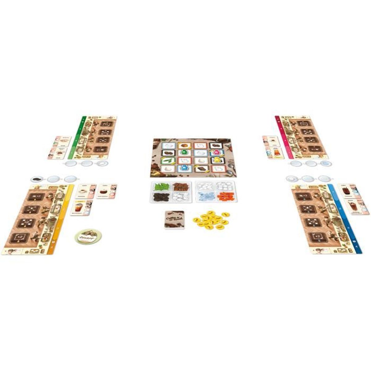 Brettspiel-Setup mit Karten, Spielbrettern und Spielsteinen. Verschiedene Farben und Formen sind sichtbar. Das Spiel scheint spielbereit zu sein.