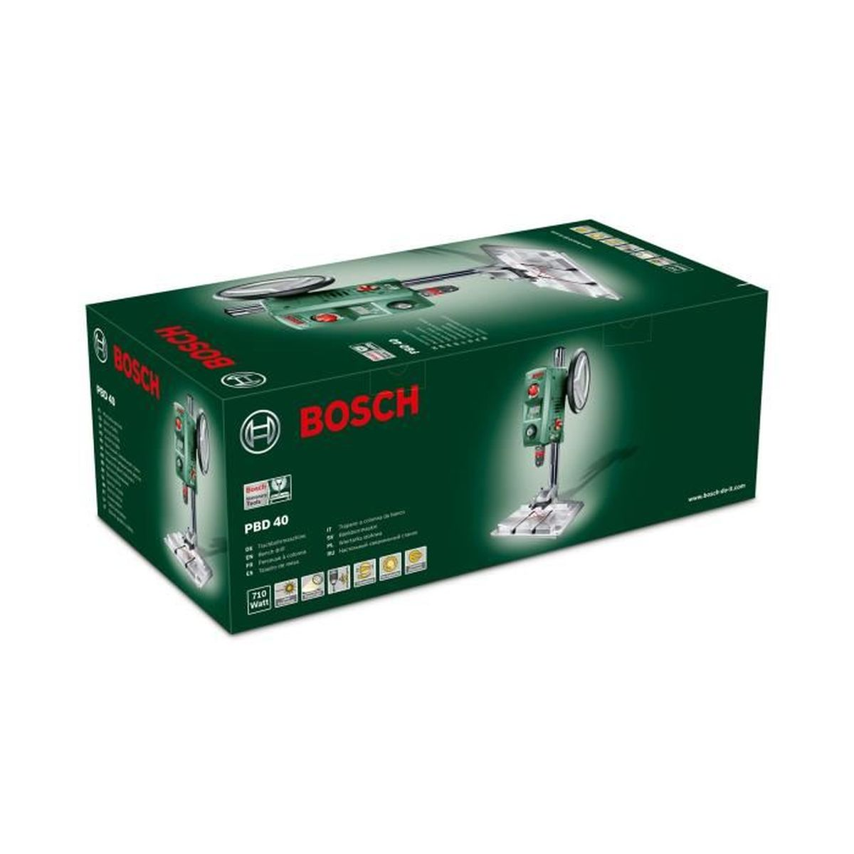 Eine Bosch PBD 40 Bohrmaschine befindet sich auf einer grünen Box. Die Box zeigt Produktbilder und das Bosch-Logo mit Text und Diagrammen.
