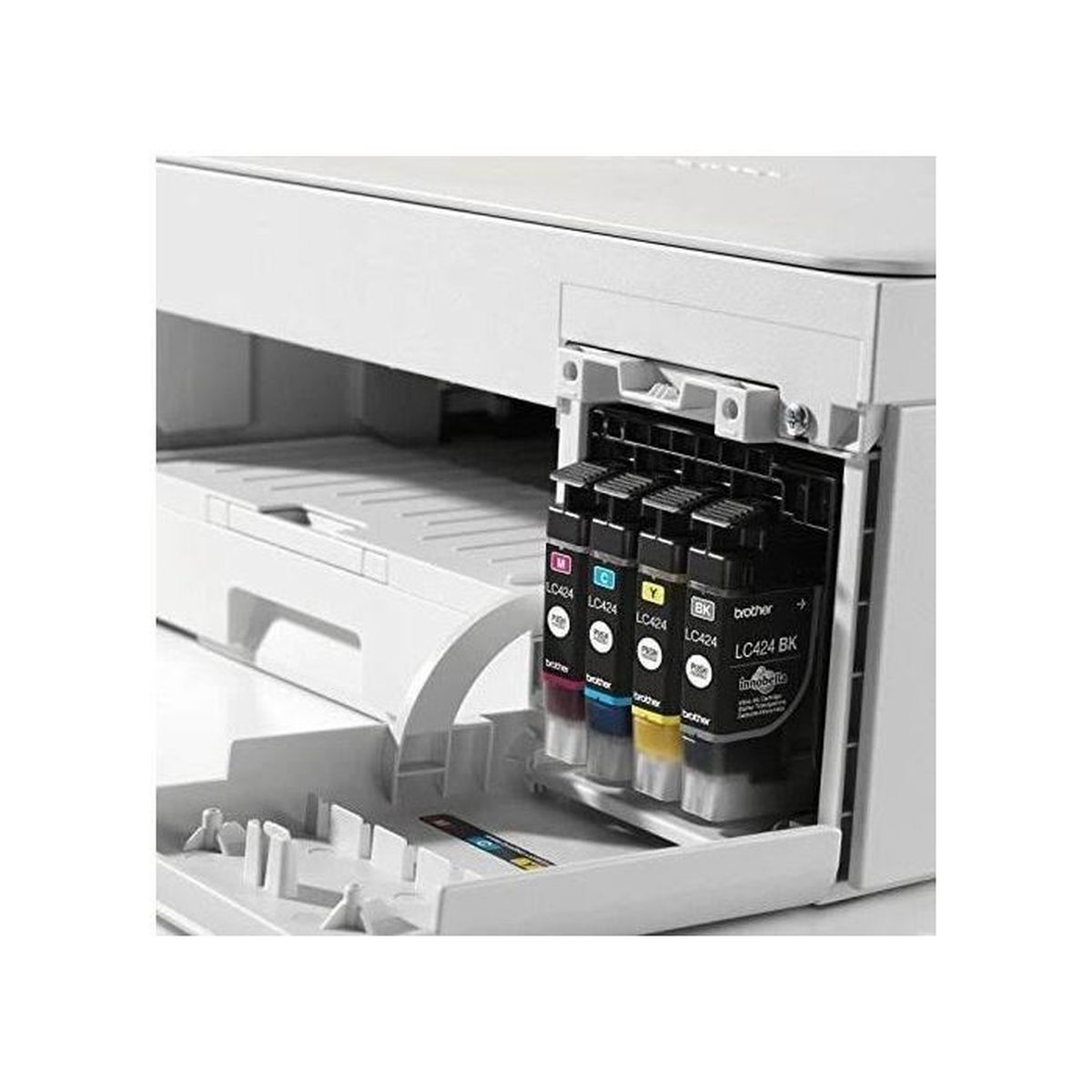 Drukarka pokazuje swoje wkłady atramentowe: magenta, cyjan, żółty i czarny. Drukarka jest biała, a wkłady są oznaczone.