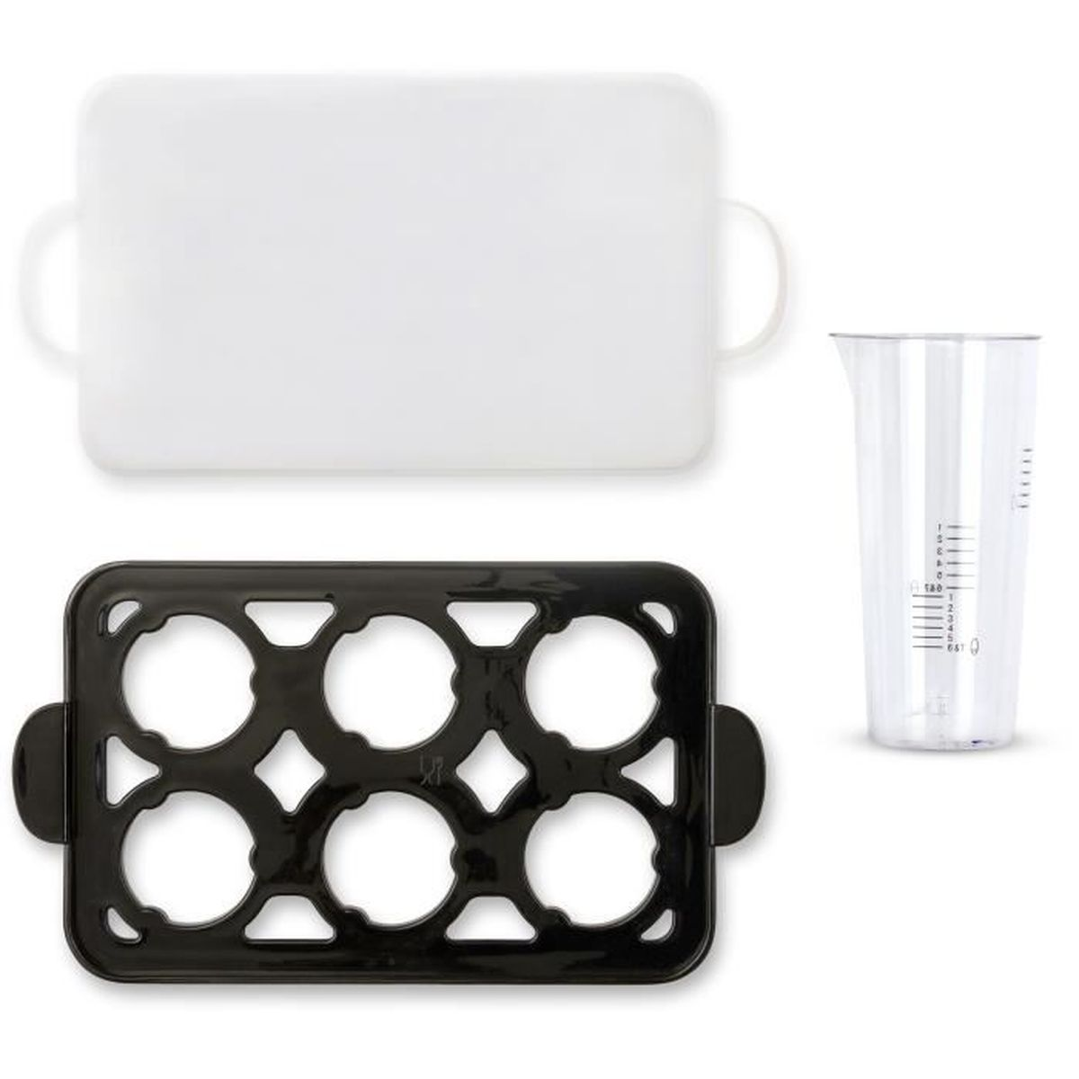 Biały prostokątny pojemnik z uchwytami, czarny pojemnik na jajka i przezroczysta miarka na białym tle.