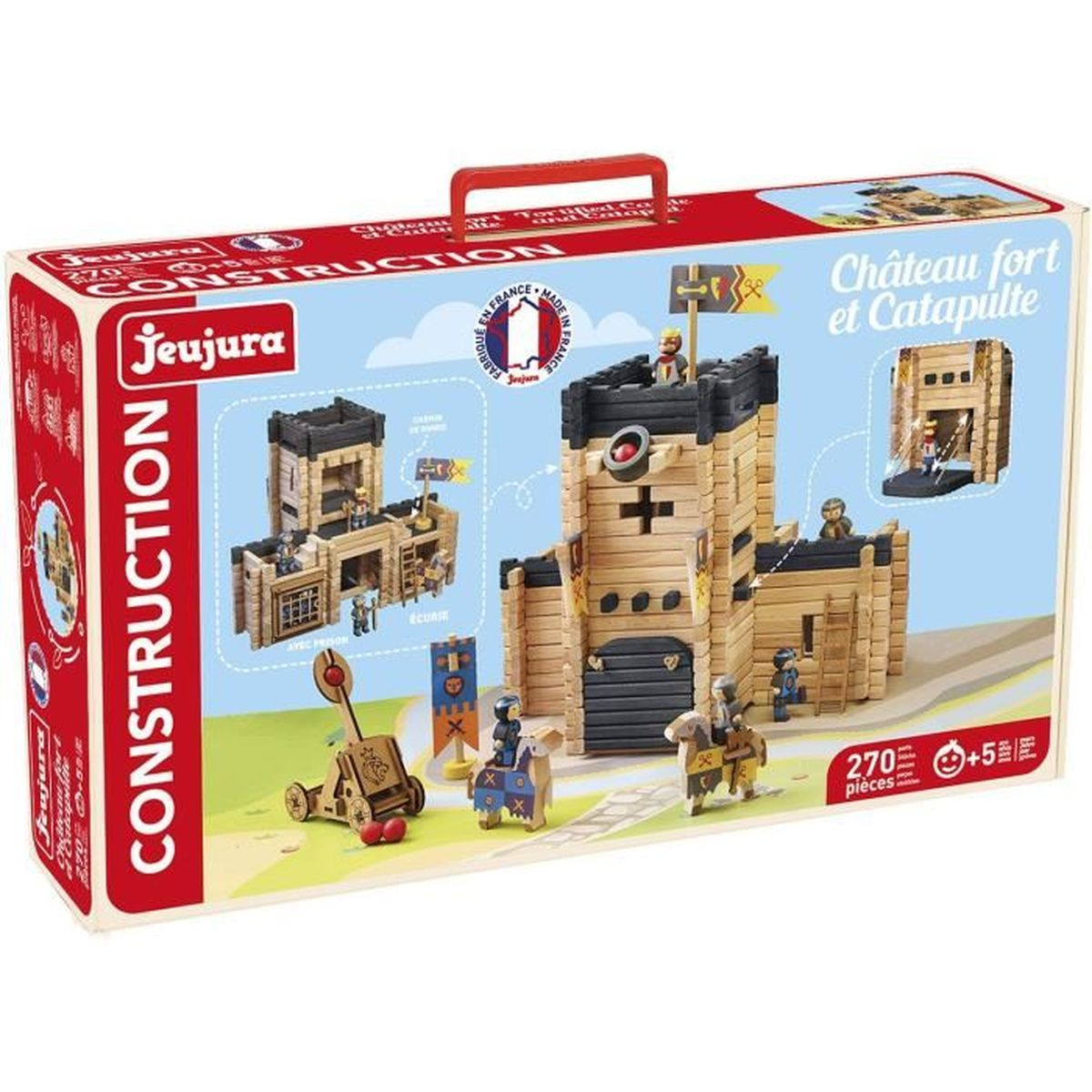 L'immagine sulla scatola mostra un set di costruzione di castelli in legno. La scatola è rossa e bianca e mostra un castello, una catapulta e delle figure. Il marchio è Jeujura.