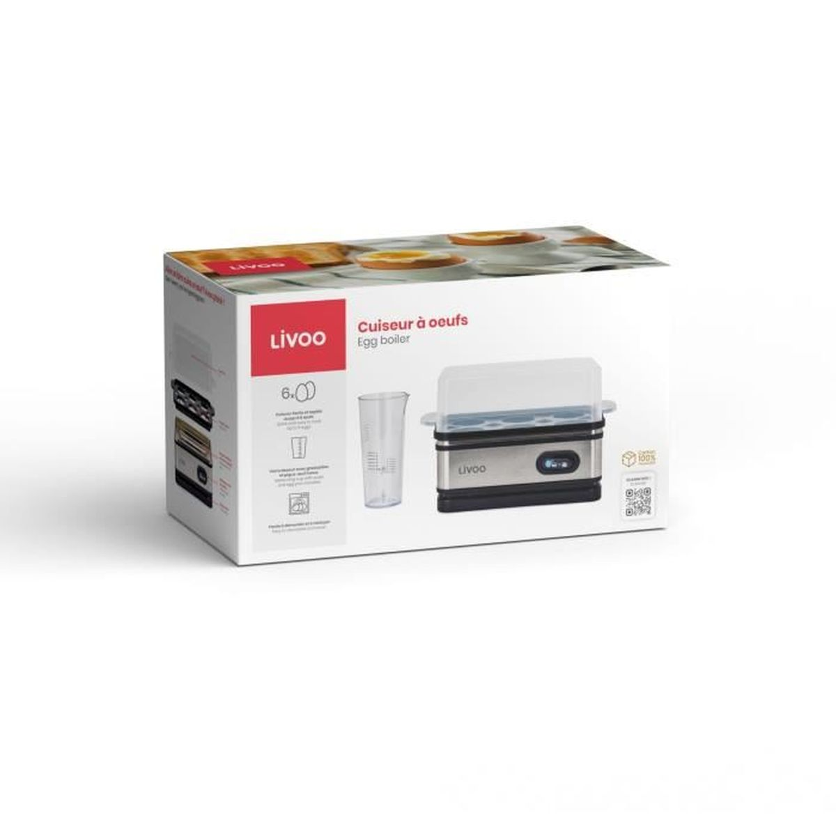 Białe pudełko z urządzeniem do gotowania jajek w środku. Na pudełku znajduje się nazwa marki 'Livoo' i zdjęcia urządzenia.