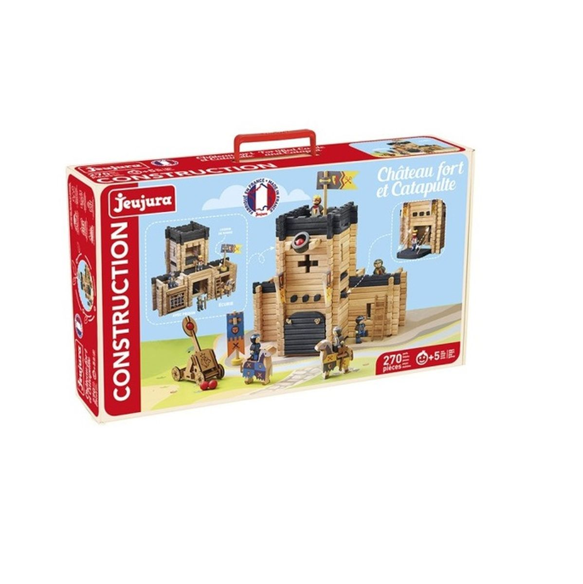 Scatola di un set di costruzione del castello. Include un castello in legno, una catapulta e piccole figure. La scatola ha maniglia rossa e logo.