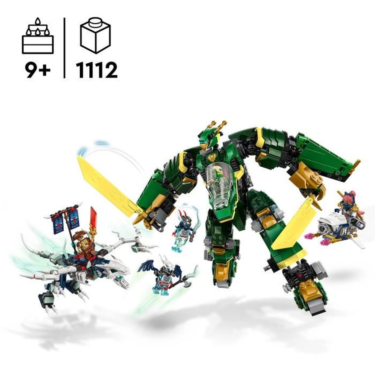 Zielony i złoty mech Lego walczy z różnymi postaciami i pojazdami Lego. Zestaw zawiera smoczego mecha z mieczami i mniejszymi figurkami.