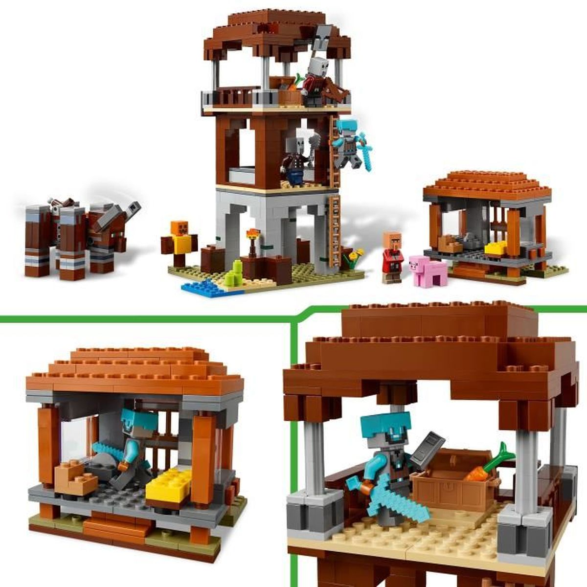 Zestaw Lego Minecraft. Zawiera wielopoziomową strukturę, figurki postaci, konia i świnię, wszystko wykonane z klocków Lego.