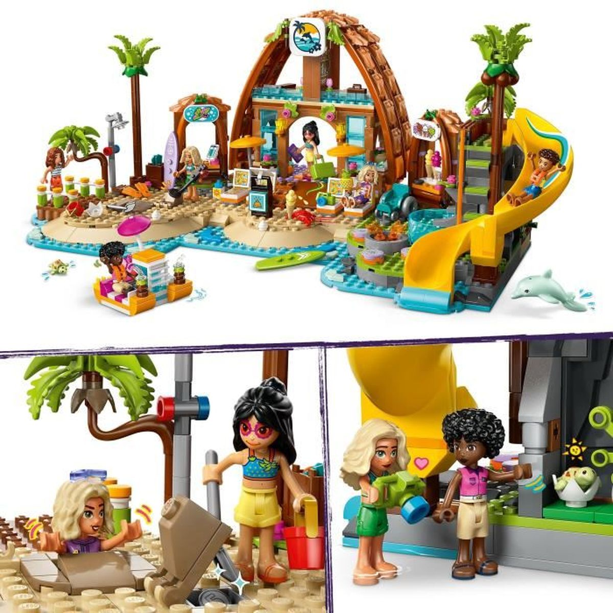 Zestaw Lego z plażą i figurkami. Zawiera zjeżdżalnię, kawiarnię, palmy i kilka minifigurek cieszących się sceną na plaży.