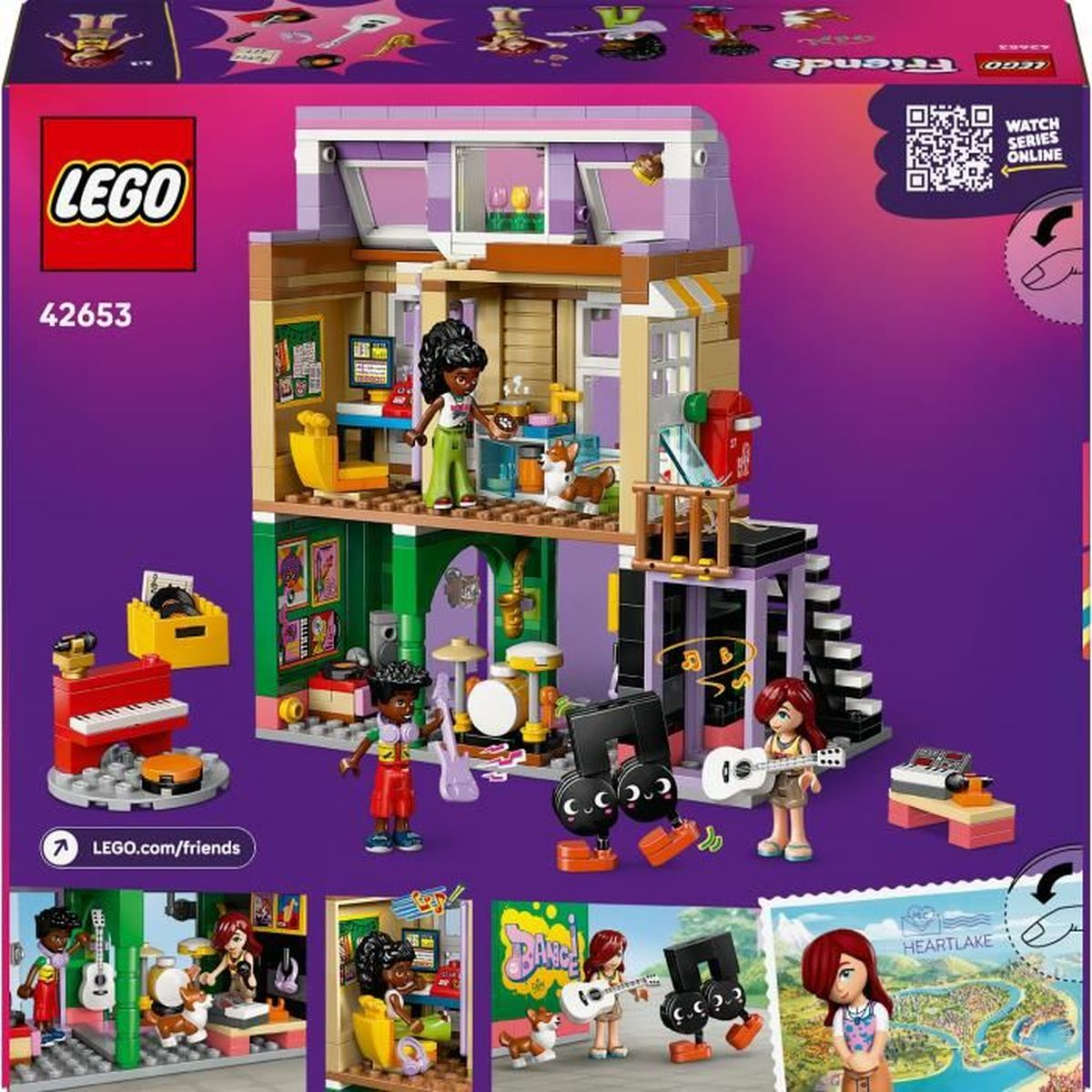 Zestaw LEGO Friends przedstawiający wielopoziomowy budynek z minifigurkami, instrumentami muzycznymi i dekoracjami. Obecny jest również pies.