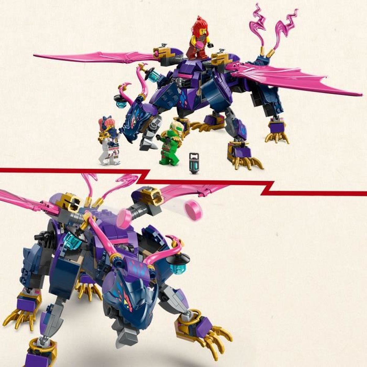 Zestaw Lego z fioletowym smokiem z różowymi skrzydłami i kilkoma minifigurkami. Jedna minifigurka jedzie na smoku.