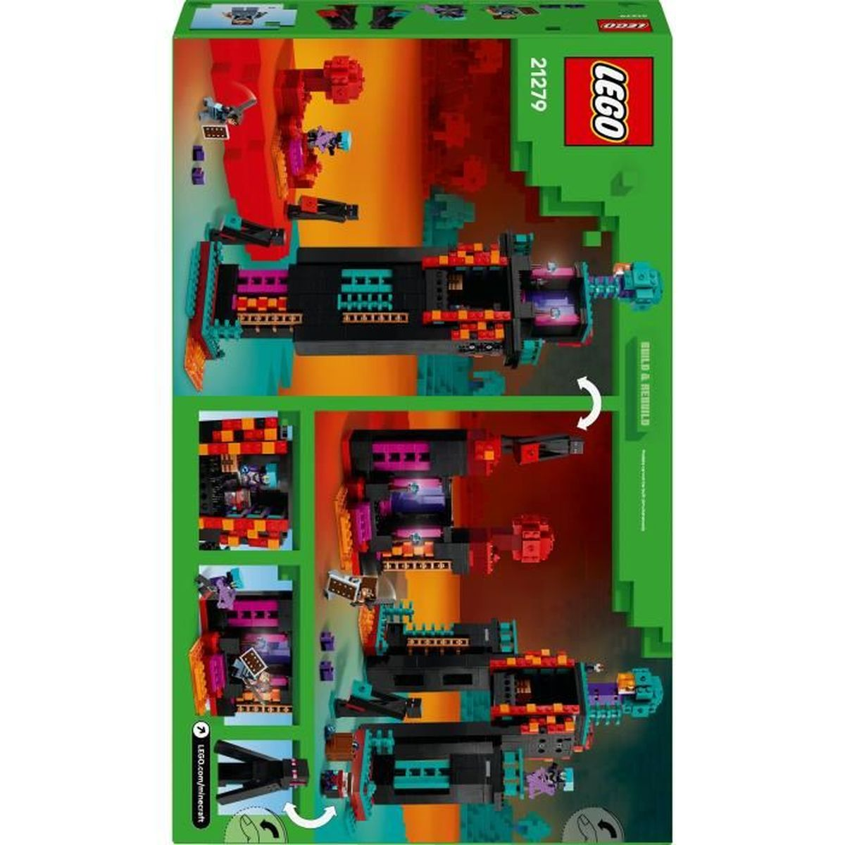 Pudełko zestawu LEGO Minecraft. Zawiera konstrukcję z czarnymi, turkusowymi, fioletowymi i pomarańczowymi elementami na ognistym tle.