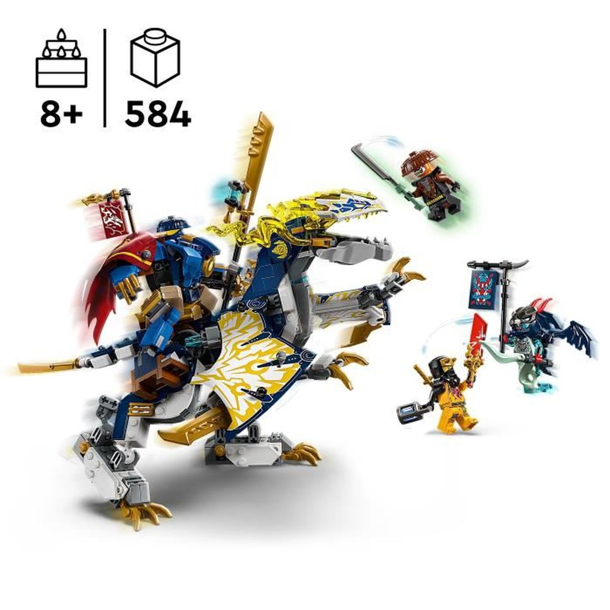 Zestaw Lego Ninjago z smokiem i minifigurkami w walce. Smok jest niebiesko-złoty. Figurki w akcji.