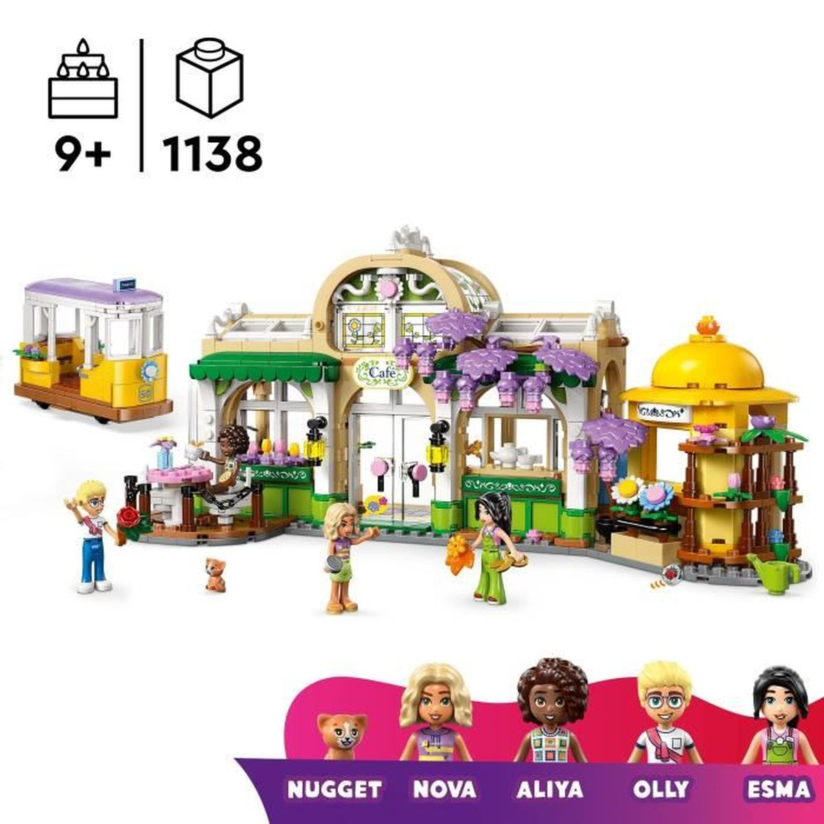 Zestaw Lego Friends z kawiarnią, tramwajem i figurkami. Zawiera postacie, misia i kolorowe elementy konstrukcyjne.