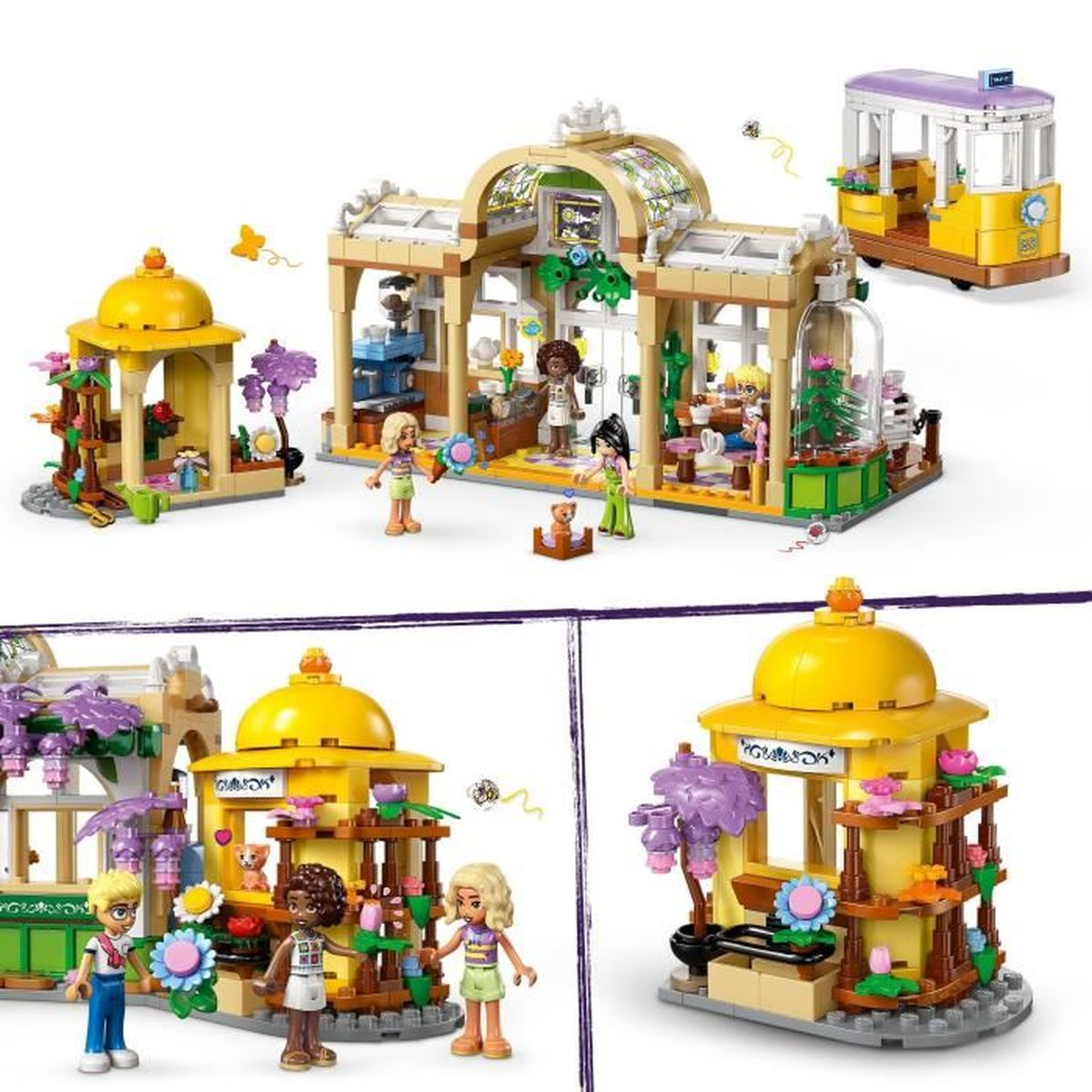 Zestaw LEGO przedstawia żółty budynek z figurkami, tramwajem i innymi strukturami. To kolorowa scena z wieloma elementami.