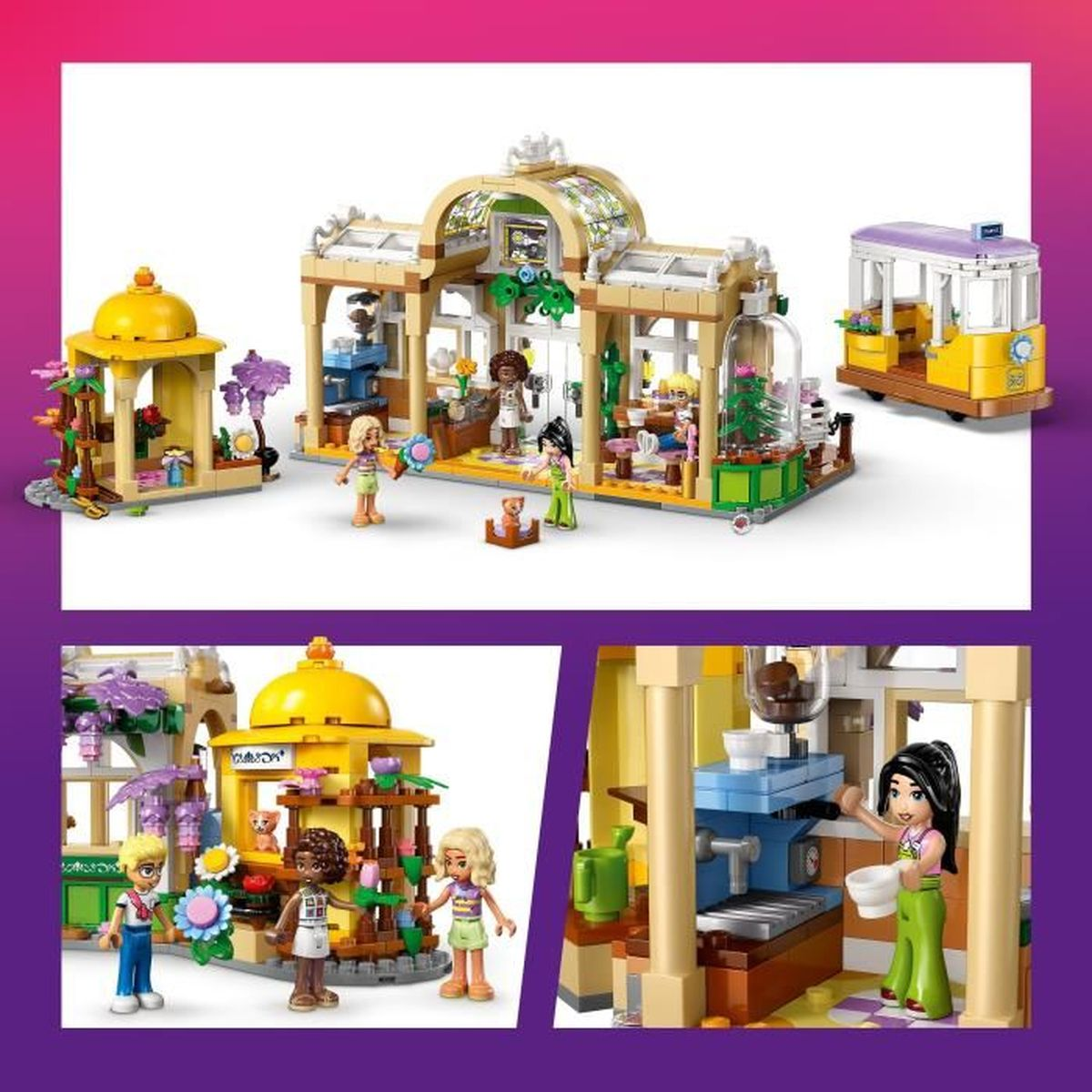 Zestaw Lego z kawiarnią, tramwajem i figurkami. Zawiera żółty budynek, figurki i tramwaj. Widoczne detale wnętrza.