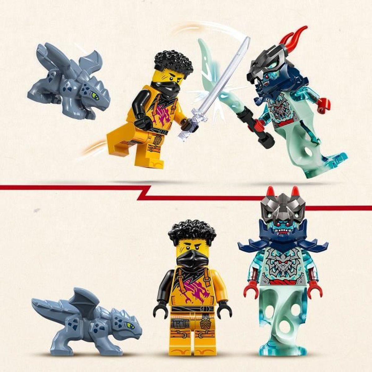 Figurki LEGO Ninjago: dwóch ninja z mieczami, smok i duchopodobna postać. Wszystko na białym i czerwonym tle.