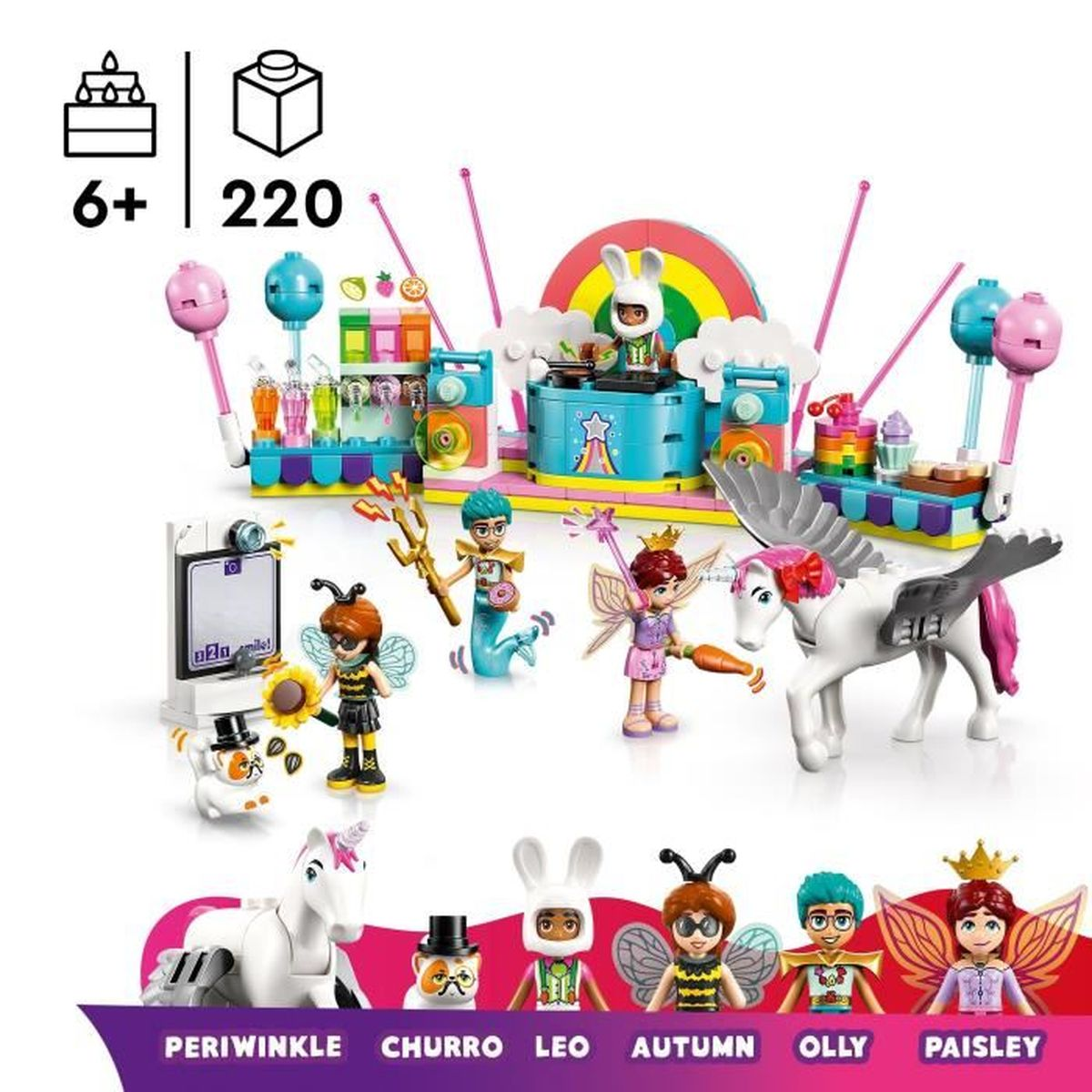 Zestaw Lego Friends z figurkami, jednorożcem i sceną z motywem tęczy. Zawiera imiona: Periwinkle, Churro, Leo, Autumn, Olly, Paisley.