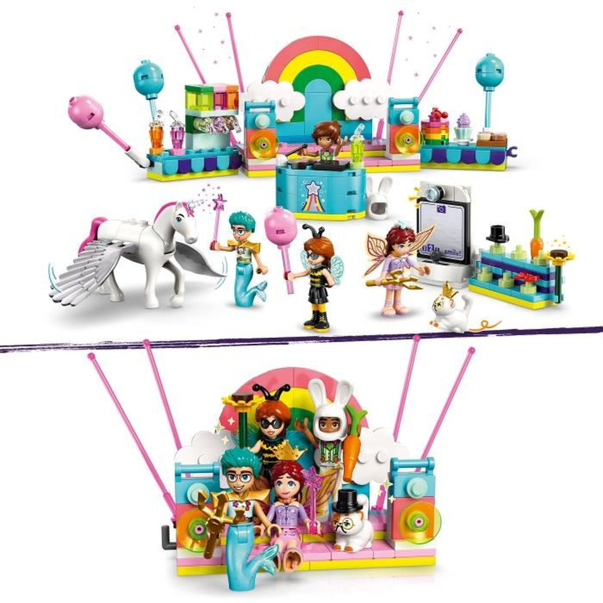 Zestaw Lego Friends z różnymi figurkami, w tym jednorożcem, syreną i postaciami w kostiumach, ze sceną i tłem w tęczy.
