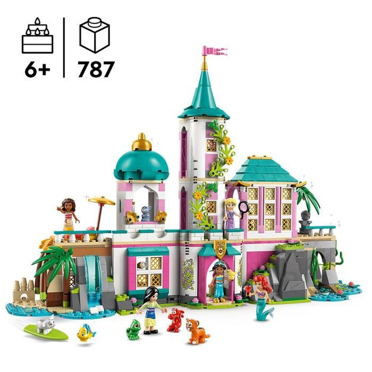 Set de castillo Lego Disney Princess. Incluye figuras de princesas, animales y un castillo detallado con elementos arquitectónicos.