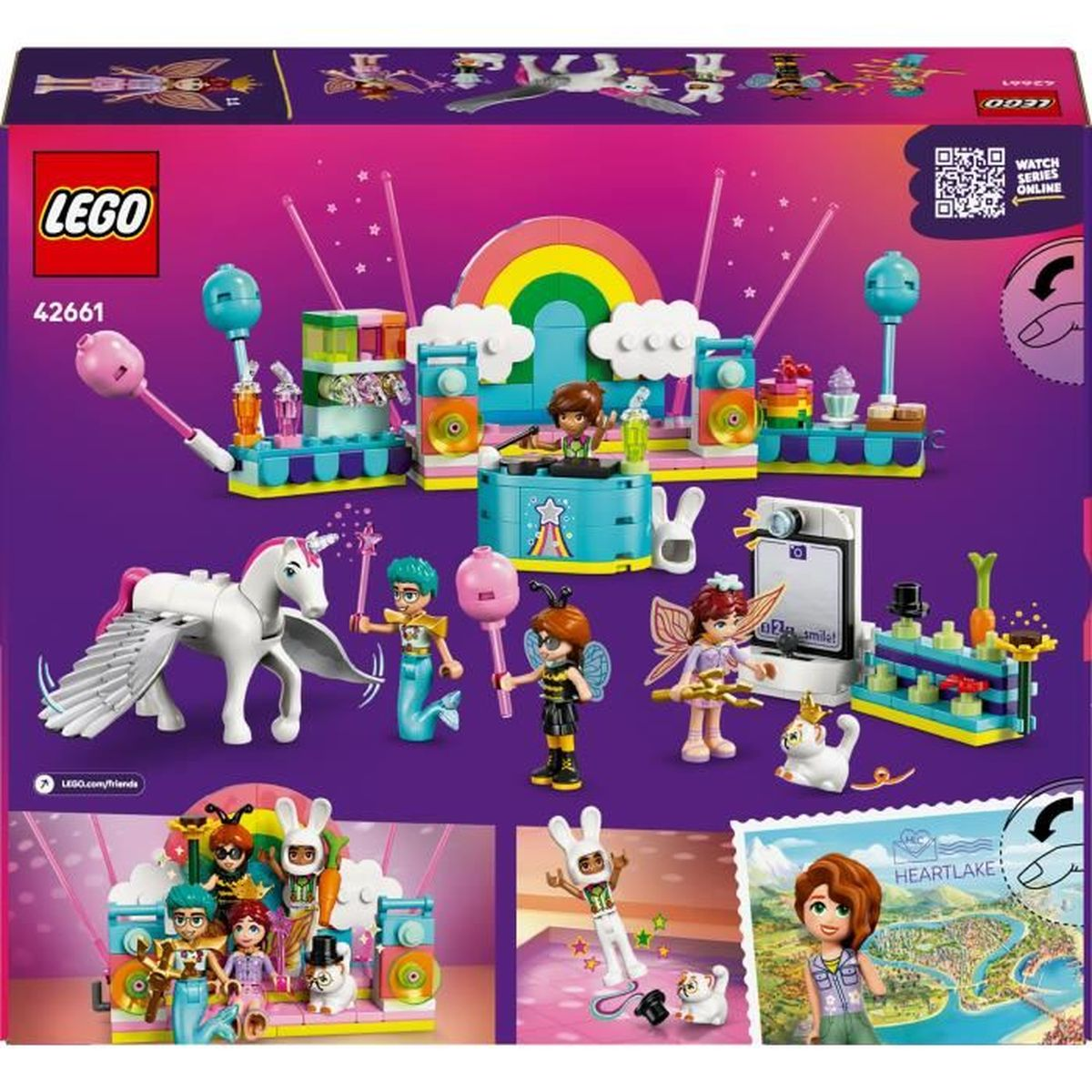 Zestaw LEGO Friends. Zawiera scenę z tęczą, figurkami, jednorożcem i akcesoriami. Jasna, kolorowa i zabawna scena.