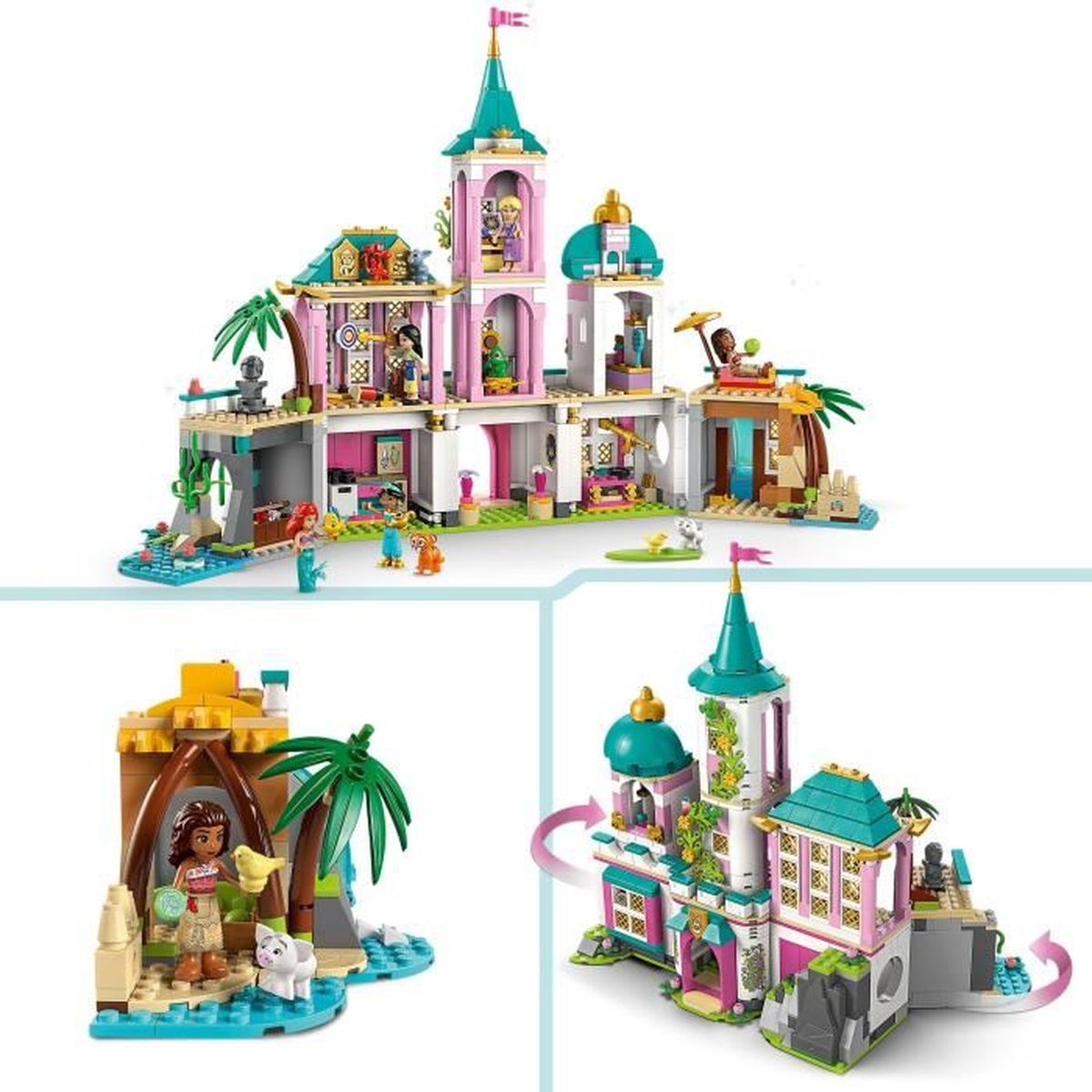 Set de Lego que representa un castillo rosa y turquesa y una cabaña de playa. Las figuras se relajan, juegan y toman el sol. Hay palmeras y banderas.