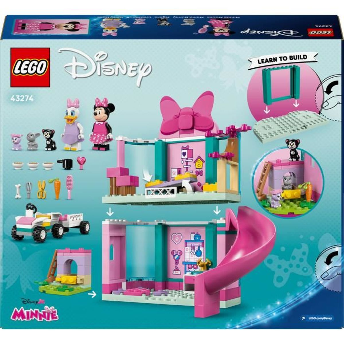 Zestaw LEGO Disney Dom Myszki Minnie. Zawiera figurki Minnie, Daisy i zwierząt. Posiada dwupiętrowy dom ze zjeżdżalnią.